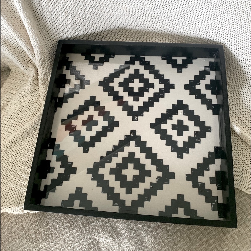 Square Glass-top & Wood Black & Beige Boho Beachy Geometric Serving Tray